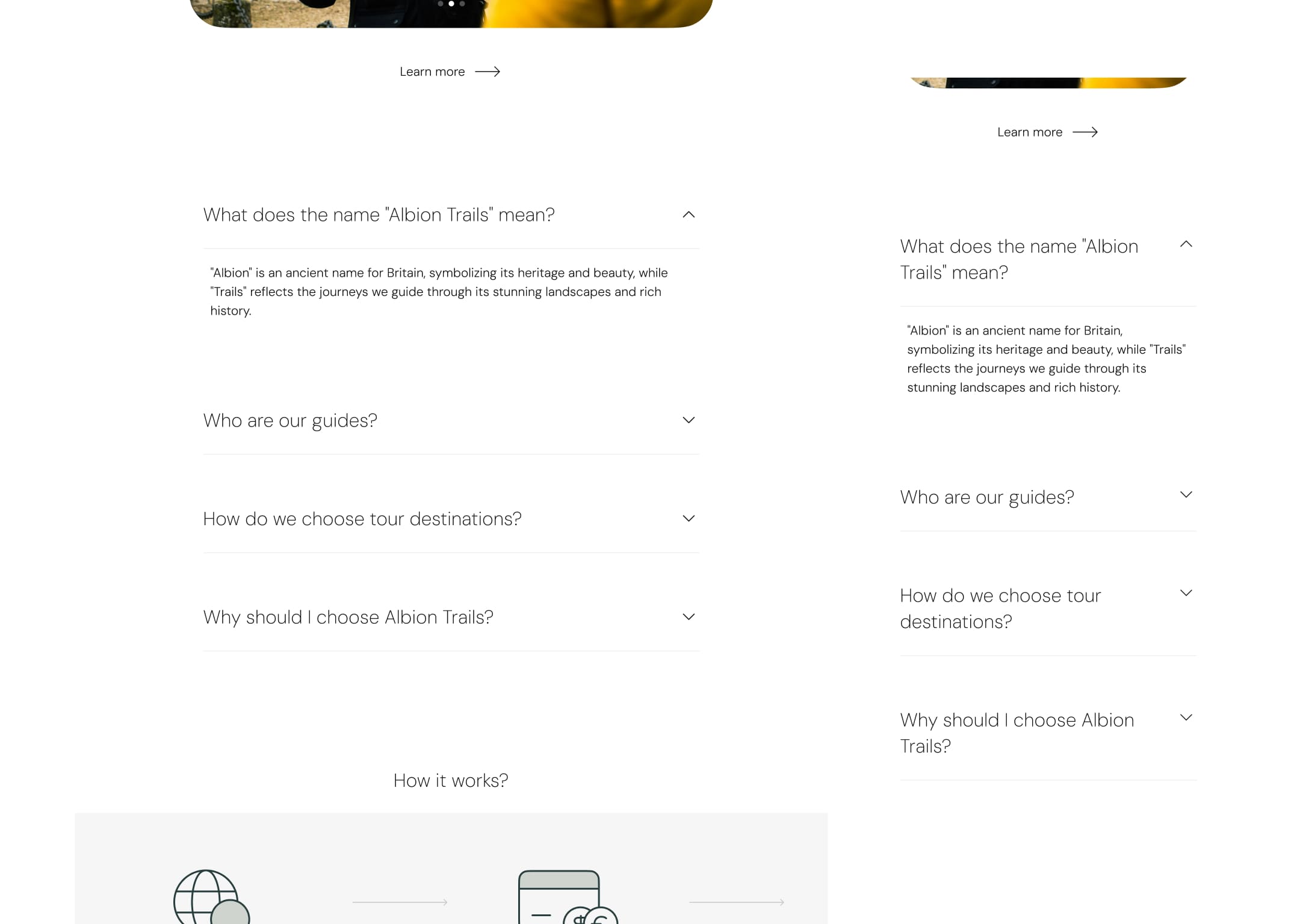 Webpage for Albion Trails featuring FAQs - tablet breakpoint. Includes an image of a man in a winter coat holding a map, suggesting exploration. Tone is inviting and informative.